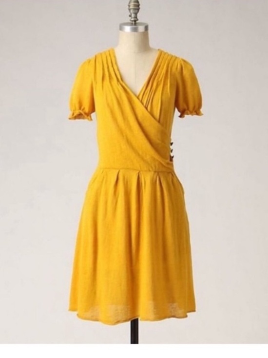 Anthropologie Dresses & Skirts - Anthropologie Moth Mustard Yellow Linen Cotton Midi‎ Dress Womens M Faux Wrap